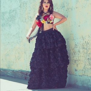 LALA Black tiered 3D floral skirt